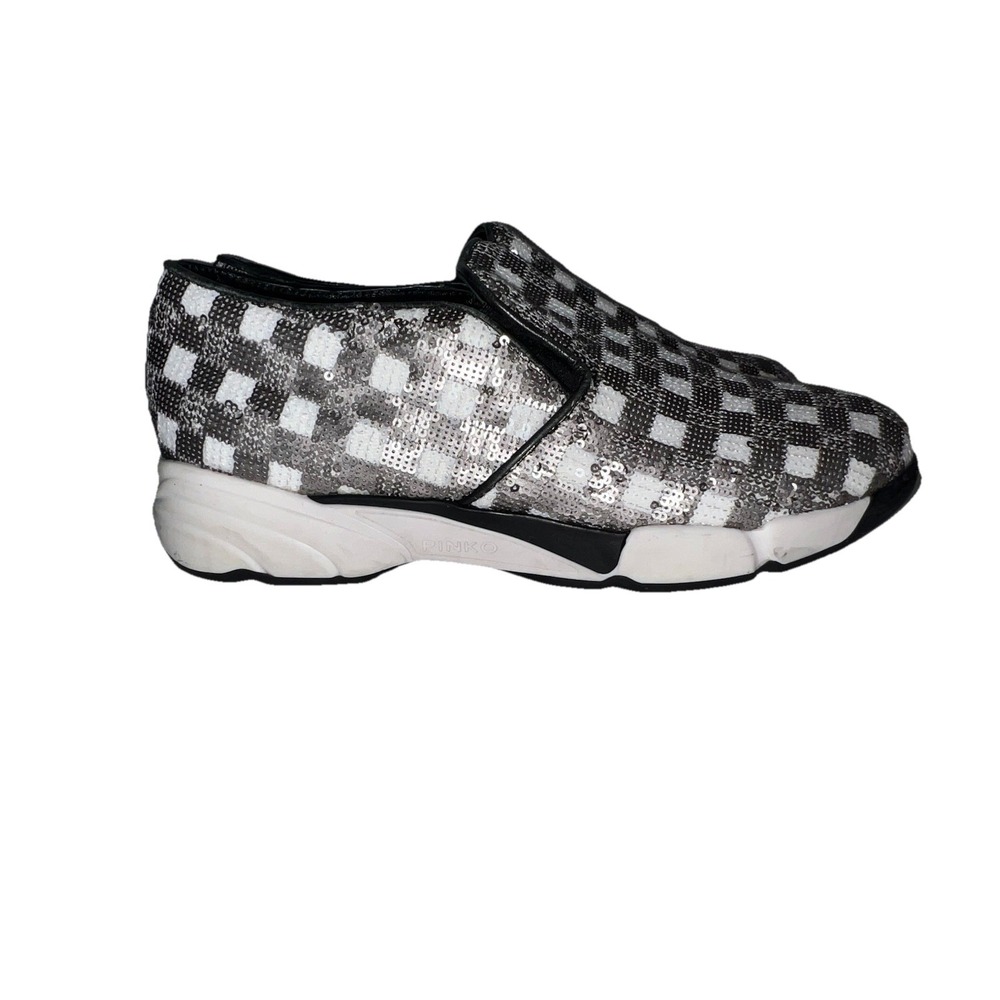(b1/15N)Pinko Italy Sneakers Slip On Shoes Blue Sequin Check Slip On Size 10 USA